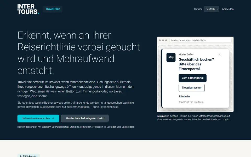 Bildschirmansicht von TravelPilot: „Erkennt, wenn an Ihrer Reiserichtlinie vorbei gebucht wird“, daneben ein Beispielhinweis „Geschäftlich buchen? Bitte über das Firmenportal.“