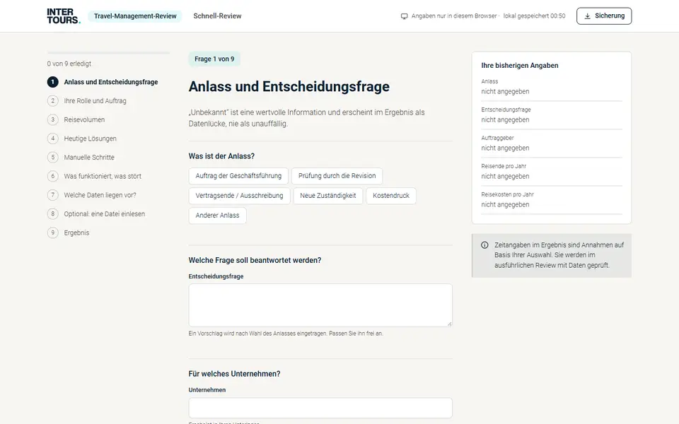Bildschirmansicht des Schnell-Reviews: Fragebogen „Anlass und Entscheidungsfrage“, links der Fortschritt, rechts die bisherigen Angaben.
